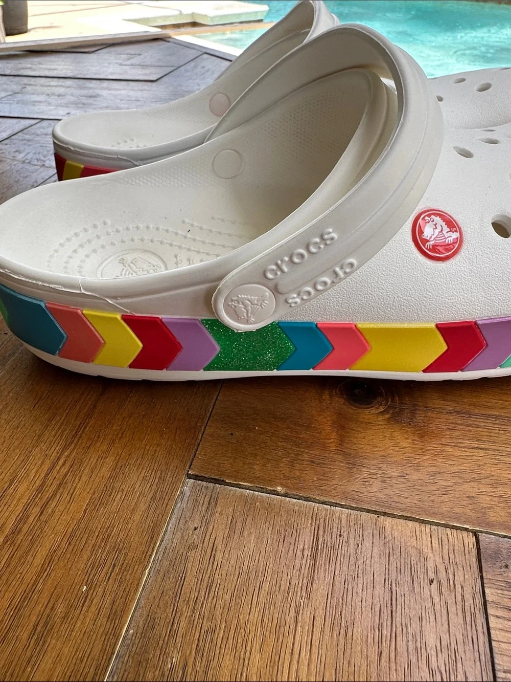 CROCS White Kids Clogs with Rainbow Chevron Trim, Junior 6